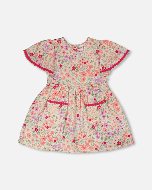 Muslin Dress Off White Printed Flowers