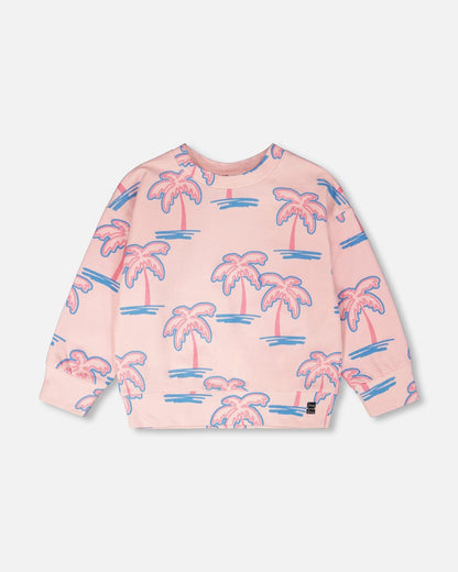 French Terry Sweatshirt Light Pink Palm Print