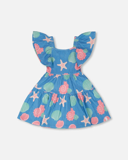 Robe en jersey froissé à imprimé coquillages bleu