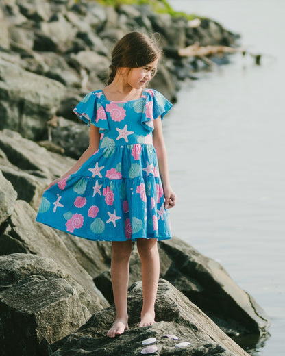 Robe en jersey froissé à imprimé coquillages bleu