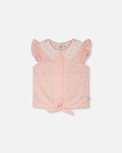 Sleeveless Shirt Pink And Yellow Stripes With Crochet Collar