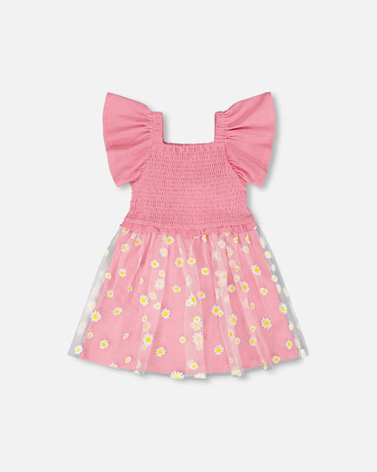 Mesh And Crinkle Jersey Dress With Smocking Pink