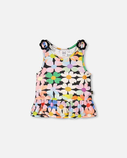 Jersey Tank Top Black Printed Flowers