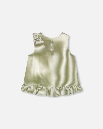 Top Green & Off White Stripes With Embroidered Ruffle