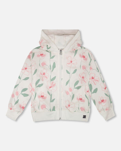 French Terry Hoodie Off White Printed Flowers