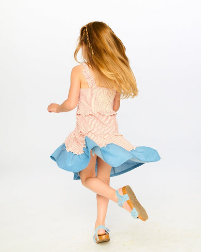Poplin And Chambray Dress Off White And Pink Stripes