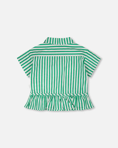 Short Sleeve Striped Button Down Shirt Green