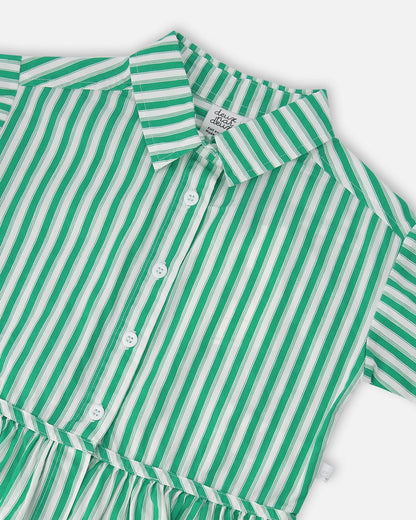 Short Sleeve Striped Button Down Shirt Green