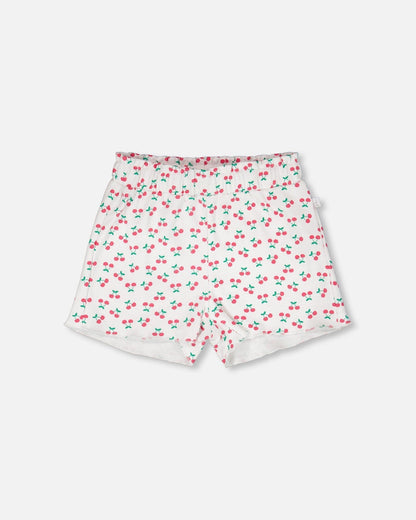 Rib Shorts White Printed Cherries