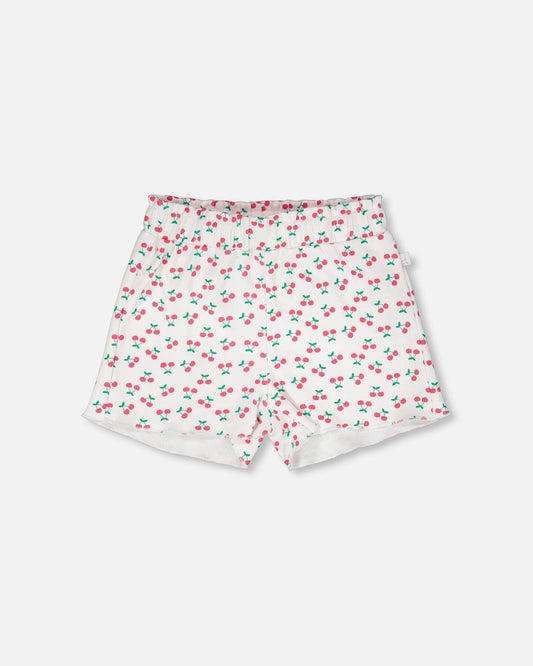 Rib Shorts White Printed Cherries