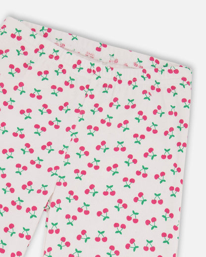 Rib Flare Leg Leggings White Printed Cherries