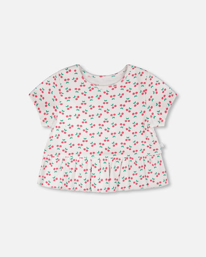 Rib Crop T-Shirt With Frill White Printed Cheeries