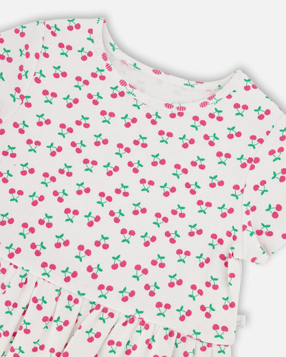 Rib Crop T-Shirt With Frill White Printed Cheeries