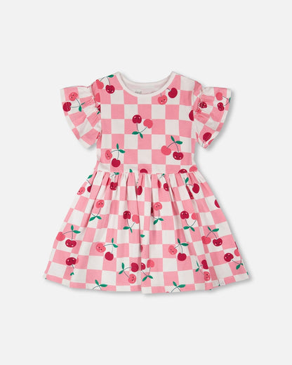Organic Cotton Jersey Dress Pink Printed Cherries