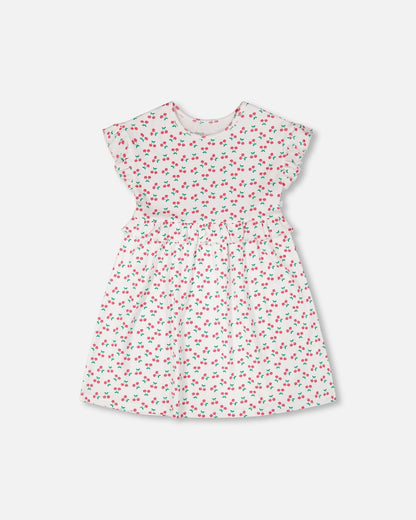 Cotton Rib Dress White Printed Cherries