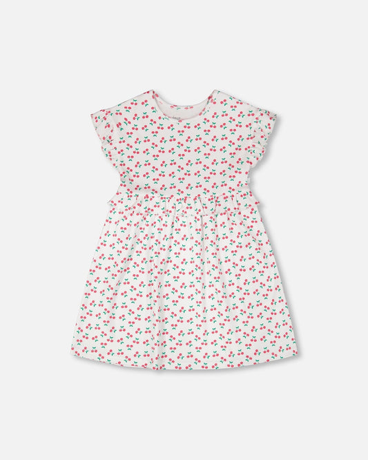 Cotton Rib Dress White Printed Cherries