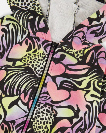 Zip Front French Terry Hoodie Black Printed Multicolor