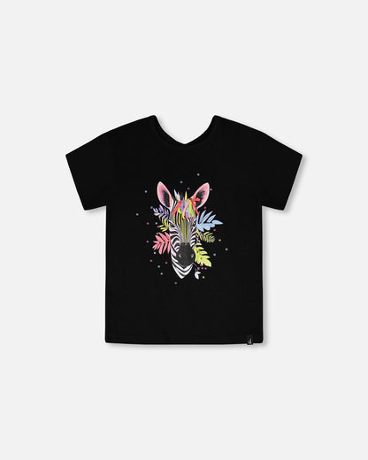 Organic Cotton Jersey T-Shirt Black With Zebra