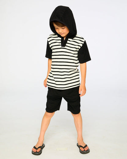 Hooded Terry T-Shirt With Shorts Set Black And White Stripes