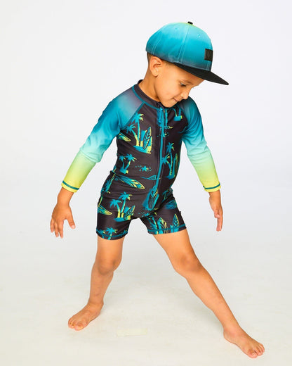 One-Piece Long Sleeve Rashguard Black Surf Print