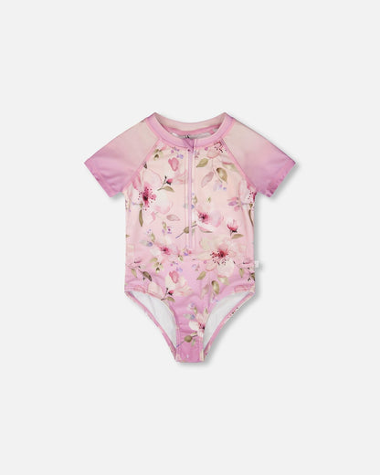 One-Piece Swimsuit Purple Flower Print