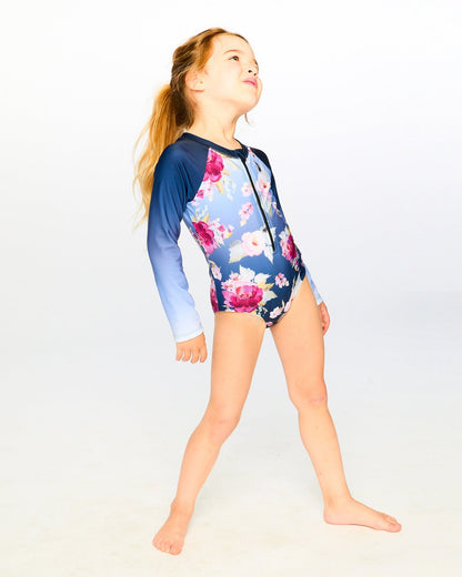 One-Piece Long Sleeve Rashguard Blue Rose Print
