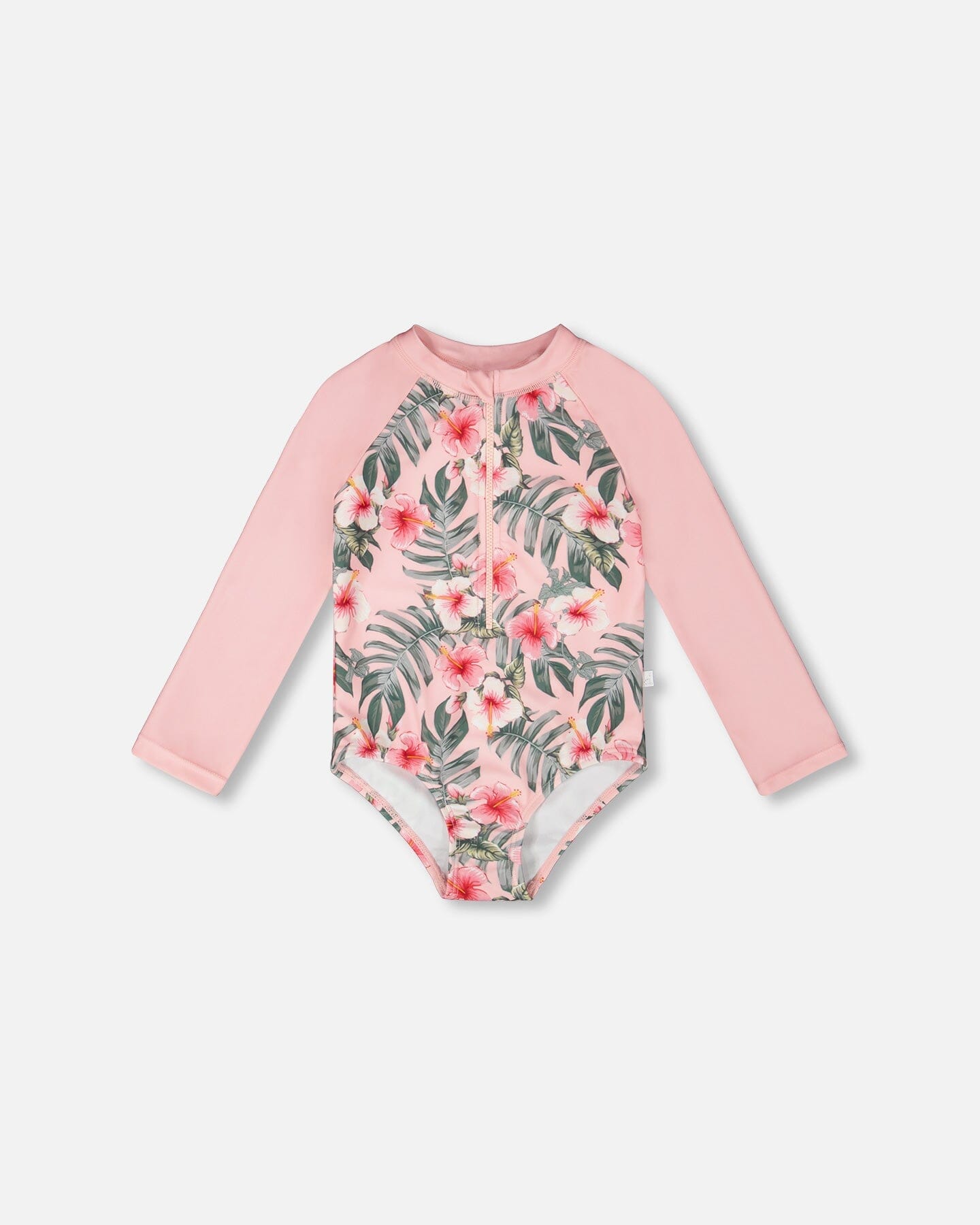 One-Piece Long Sleeve Rashguard Pink Hibiscus Print