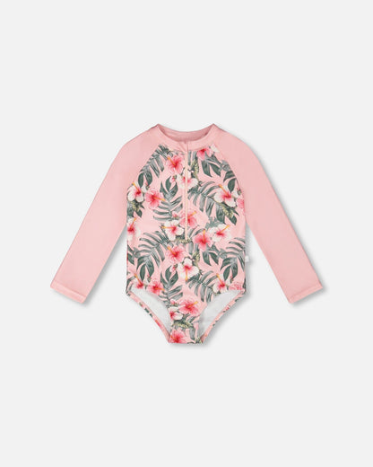 One-Piece Long Sleeve Rashguard Pink Hibiscus Print