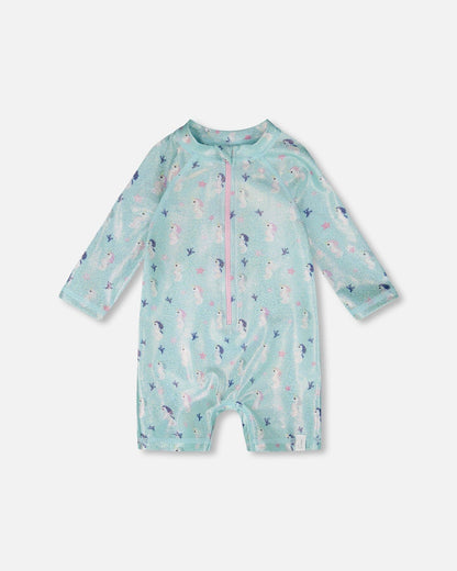 Baby And Toddler One-Piece Long Sleeve Rashguard Blue Seahorse Print