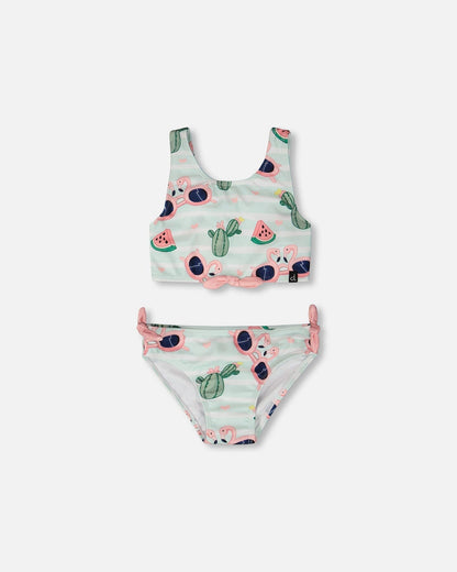 Two-Piece Swimsuit Blue Flamingo And Cactus Print