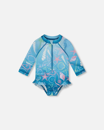 Baby And Toddler One-Piece Long Sleeve Rashguard Blue Shell Print