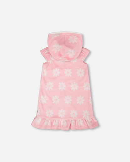 Terry Cloth Beach Hoodie Dress Pink Printed Flowers