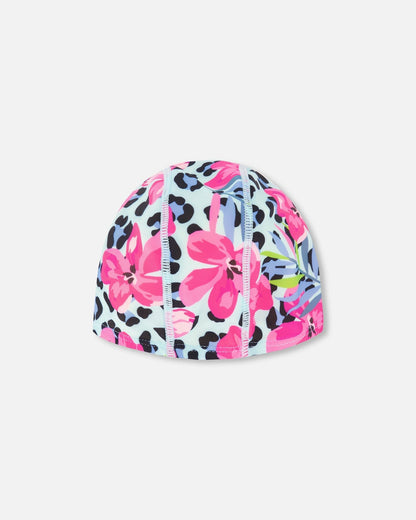 Swim Cap Blue Floral And Leopard Print