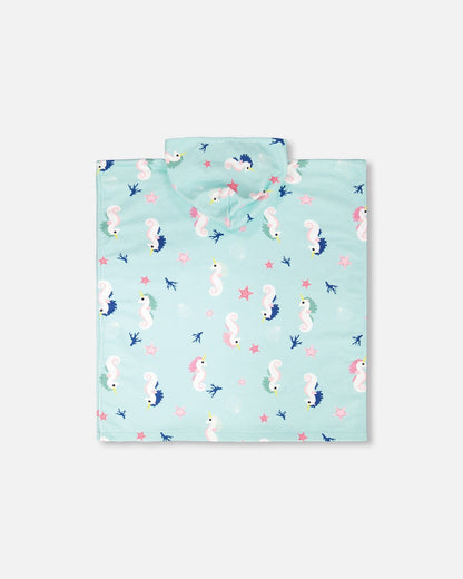 Hooded Beach Towel Blue Seahorse Print
