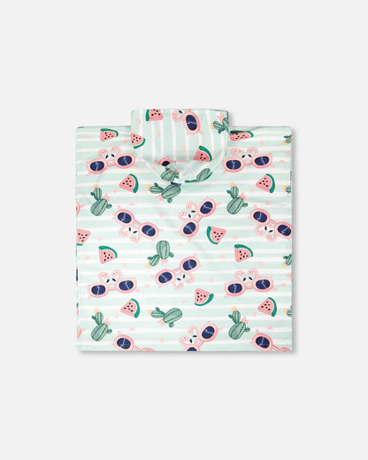 Hooded Beach Towel Blue Flamingo And Cactus Print