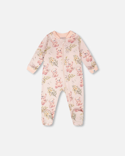Organic Cotton Baby One-Piece Pyjama Pale Pink Bear Print