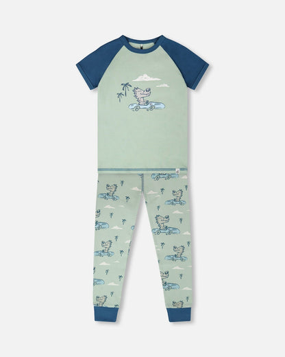 Organic Cotton Two-Piece Pyjama Set Green Crocodile Print