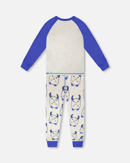 Organic Cotton Two-Piece Pyjama Set Grey Mix Monster Print