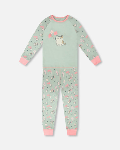 Organic Cotton Two-Piece Pyjama Set Green Kitten Print