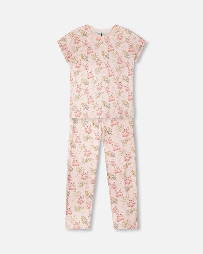 Organic Cotton Women Two-Piece Pyjama Set Pale Pink Bear Print