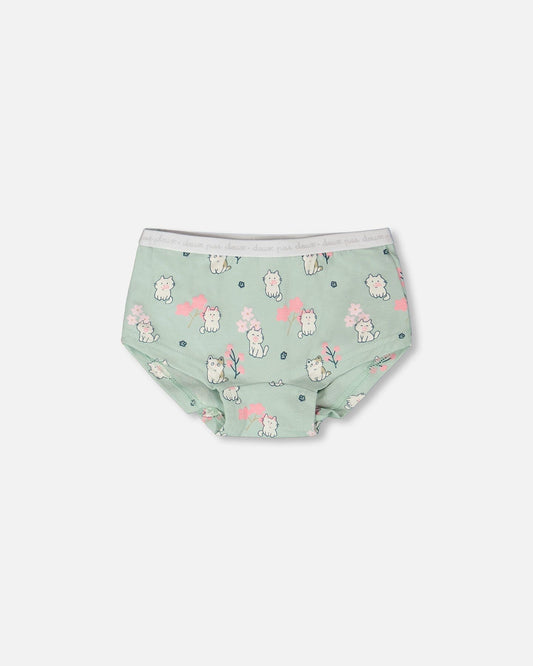 Culotte Garçon en Coton Bio Imprimé Chat Vert