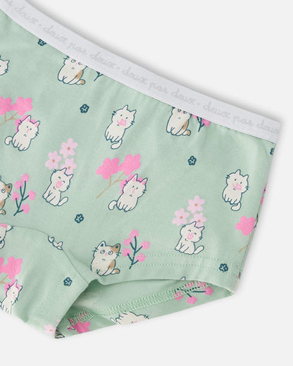 Organic Cotton Boyshort Panty Green Kitten Print