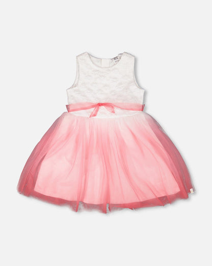 Bi-Material Pleated Mesh Dress White And Pink