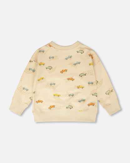 French Terry Sweatshirt Beige Jeep Print