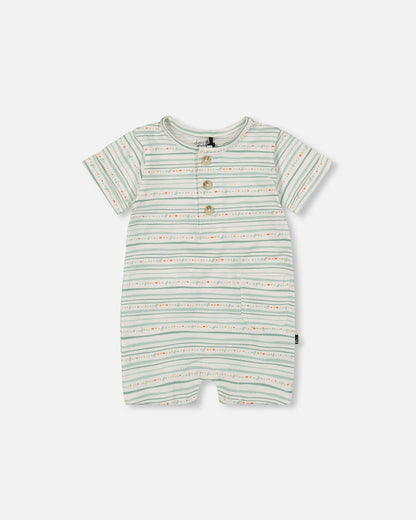 Organic Cotton Romper White Printed Mint Green Lines