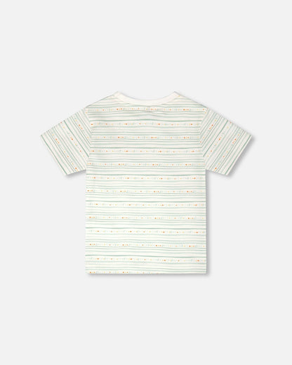 Organic Cotton T-Shirt White Printed Mint Green Lines