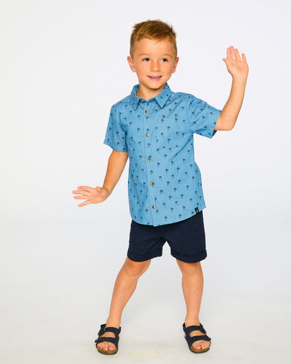 Short Sleeve Chambray Shirt Blue Palm Print