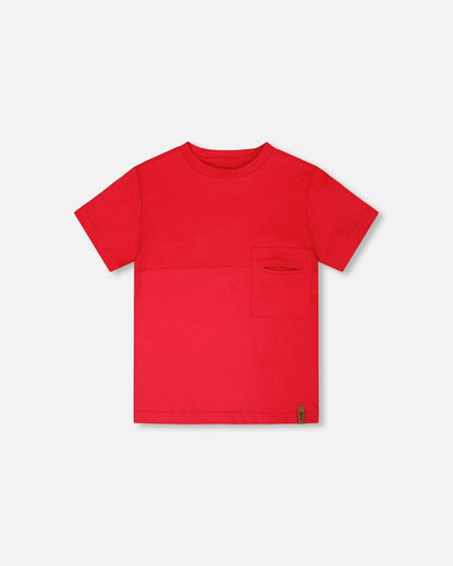 Organic Cotton Colorblock Jersey T-Shirt With Chest Pocket Rouge