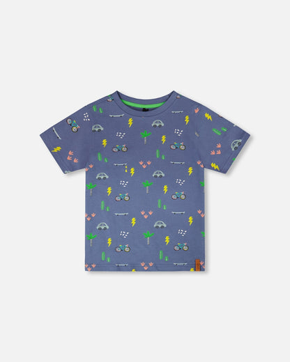 T-shirt en jersey de coton biologique imprimé vélo bleu