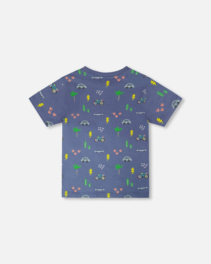 T-shirt en jersey de coton biologique imprimé vélo bleu